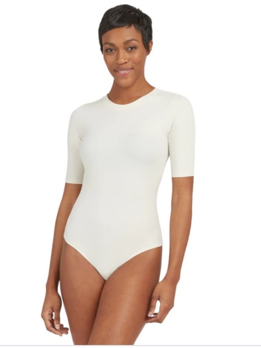 Spanx Suit Yourself Ribbed Crewneck Short Sleeve Bodysuit in Cream XS